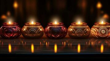 brilhando diwali uma fechar-se do radiante luz de velas decoração, ai generativo foto