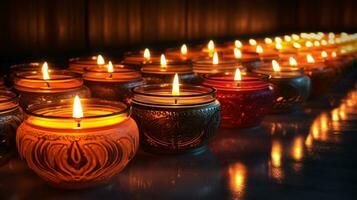 brilhando diwali uma fechar-se do radiante luz de velas decoração, ai generativo foto