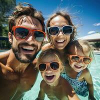 feliz família tendo Diversão dentro a piscina em uma ensolarado dia foto