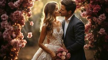 feliz recém-casados se beijando debaixo uma lindo floral arco foto