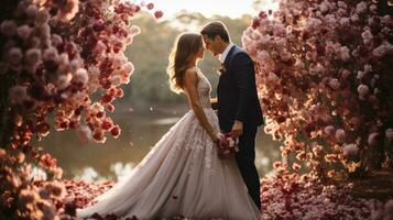 feliz recém-casados se beijando debaixo uma lindo floral arco foto