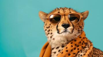 generativo ai, lustroso guepardo dentro oculos de sol uma à moda encontro foto