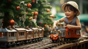 criança tocam com brinquedo trem sentado ubder christma árvore foto