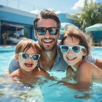 feliz família tendo Diversão dentro a piscina em uma ensolarado dia foto