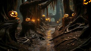 jack-o'-lanterns dentro uma assustador floresta, generativo ai foto