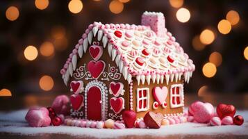 festivo Pão de gengibre casa com doce bengalas e gelo decorações foto