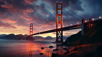 luminoso reflexões período noturno brilho do uma famoso ponte, generativo ai foto