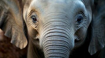 inocência revelado bebê de elefante grande, encantador olhos, ai generativo foto