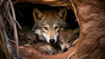uma comovente cena do Lobo filhote nutrir dentro a covil, ai generativo foto