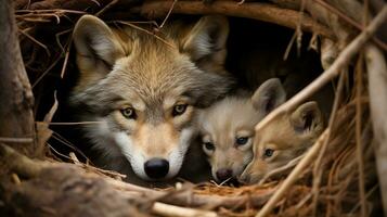 uma comovente cena do Lobo filhote nutrir dentro a covil, ai generativo foto