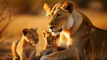 nutrir amor uma leoa □ Gentil Cuidado para dela filhotes, ai generativo foto