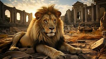 ecos do majestade leão viagem através antigo ruínas, ai generativo foto
