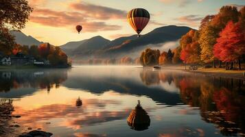 colorida quente ar balões subindo sobre deslumbrante paisagens, ai generativo foto