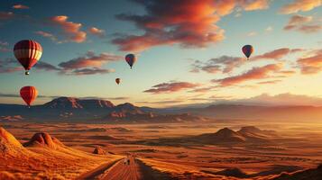 colorida quente ar balões subindo sobre deslumbrante paisagens, ai generativo foto