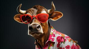 touro dentro havaiano camisa e oculos de sol, ai generativo foto