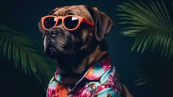 cachorro dentro havaiano camisa e oculos de sol graças topo moda, ai generativo foto