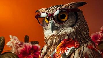 moderno coruja moda pose, havaiano camisa e oculos de sol, ai generativo foto