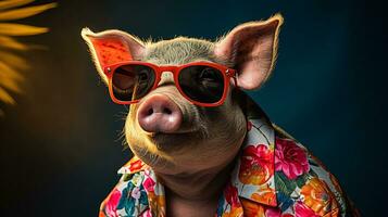 à moda porco dentro havaiano camisa e oculos de sol, ai generativo foto