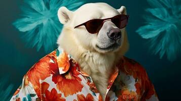 polar Urso dentro havaiano camisa e oculos de sol metade corpo, ai generativo foto