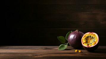 ai generativo, delicioso paixão fruta em madeira fundo foto