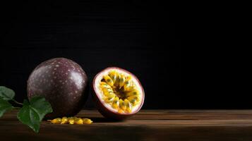 ai generativo, delicioso paixão fruta em madeira fundo foto