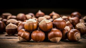 avelãs fotografia em de madeira fundo com cópia de espaço, ai generativo foto