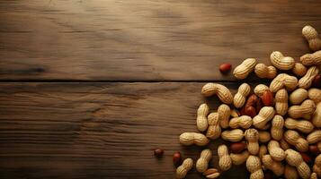 amendoim em madeira fundo com amplo cópia de espaço, ai generativo foto
