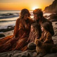amoroso família abraço e assistindo a pôr do sol em a de praia foto