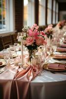 elegante recepção mesas decorado com Rosa e ouro acentos foto