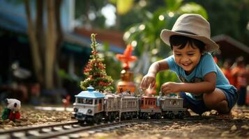 criança tocam com brinquedo trem sentado ubder christma árvore foto