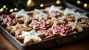 fechar-se do uma bandeja do belas decorado Natal biscoitos foto
