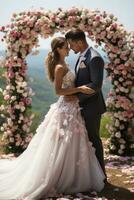 feliz recém-casados se beijando debaixo uma lindo floral arco foto