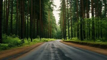 floresta com alta árvores estrada dentro a Centro foto