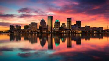 cidade Horizonte é refletido dentro a água. generativo ai foto