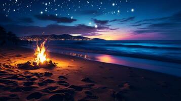 fogueira em uma de praia às noite. generativo ai foto