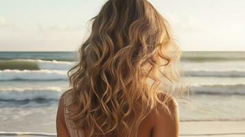 mulher com grandes ondulado de praia cabelo. generativo ai foto