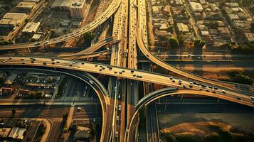 aéreo Visão do uma rodovia interseção dentro uma cidade. generativo ai foto