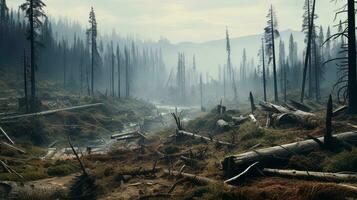 poluído floresta com murcha e estragado árvores generativo ai foto