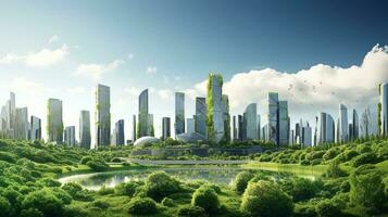 futurista cidade cercado de exuberante verde árvores generativo ai foto