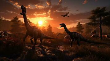 pôr do sol sobre panorama com dinossauros. generativo ai foto