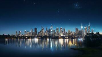 paisagem urbana às noite refletido dentro a água. generativo ai foto