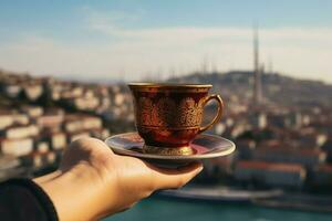 bebericando turco chá, mão dentro visualizar, contra a deslumbrante pano de fundo foto