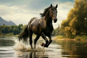 uma esplêndido, bem preparado Sombrio cavalo graciosamente passeios ao lado uma tranquilo lago ai gerado foto