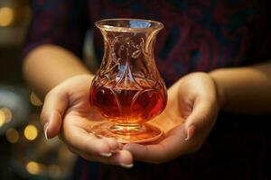 uma mulher mão detém uma pera em forma vidro transbordante com a rico, vermelho bondade do turco chá ai gerado foto