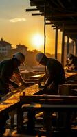 luz do dia diminui Como construção trabalhadores continuar seus tarefas, emoldurado de a configuração Sol vertical Móvel papel de parede ai gerado foto