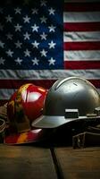 patriótico trabalho dia quadro capacete, ferramentas, e bandeira resumir americano laboriosidade vertical Móvel papel de parede ai gerado foto