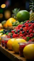 mercados recompensa detalhado tiro características fresco fruta fatias exibido dentro la boqueria, Barcelona vertical Móvel papel de parede ai gerado foto