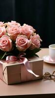 Rosa mesa hospedeiros mãe dia rosa, kraft presente caixa dentro chique arranjo. vertical Móvel papel de parede ai gerado foto