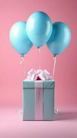 chique contraste branco caixa, azul fita, balão em vibrante Rosa fundo. vertical Móvel papel de parede ai gerado foto
