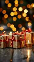 Natal Magia presente caixas, vermelho arcos, cintilação no meio bokeh luzes' celebração. vertical Móvel papel de parede ai gerado foto
